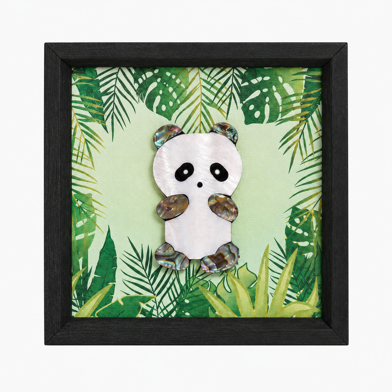 panda shell-inlay framed artwork on a light neutral background; background edited