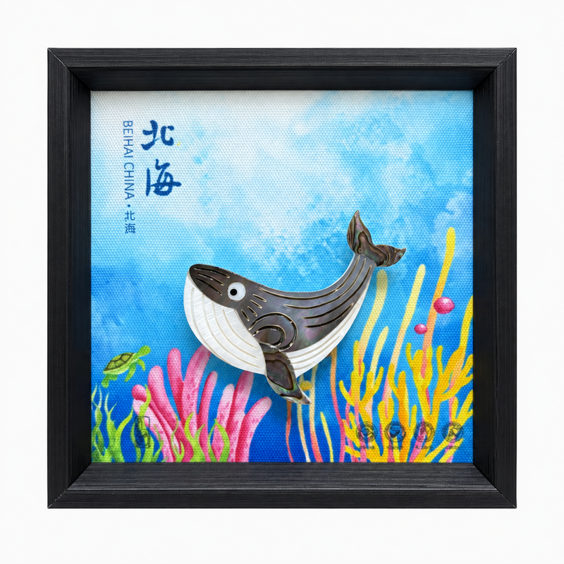 whale shell-inlay framed artwork on a light neutral background; background edited