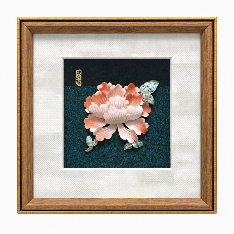 floral shell-inlay framed artwork on a light neutral background; background edited