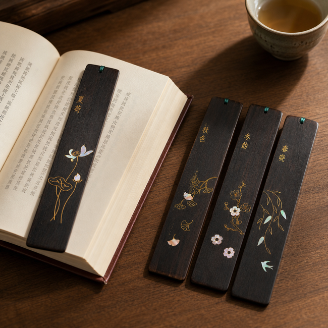 Four Seasons shell-inlay bookmarks beside an open book and tea