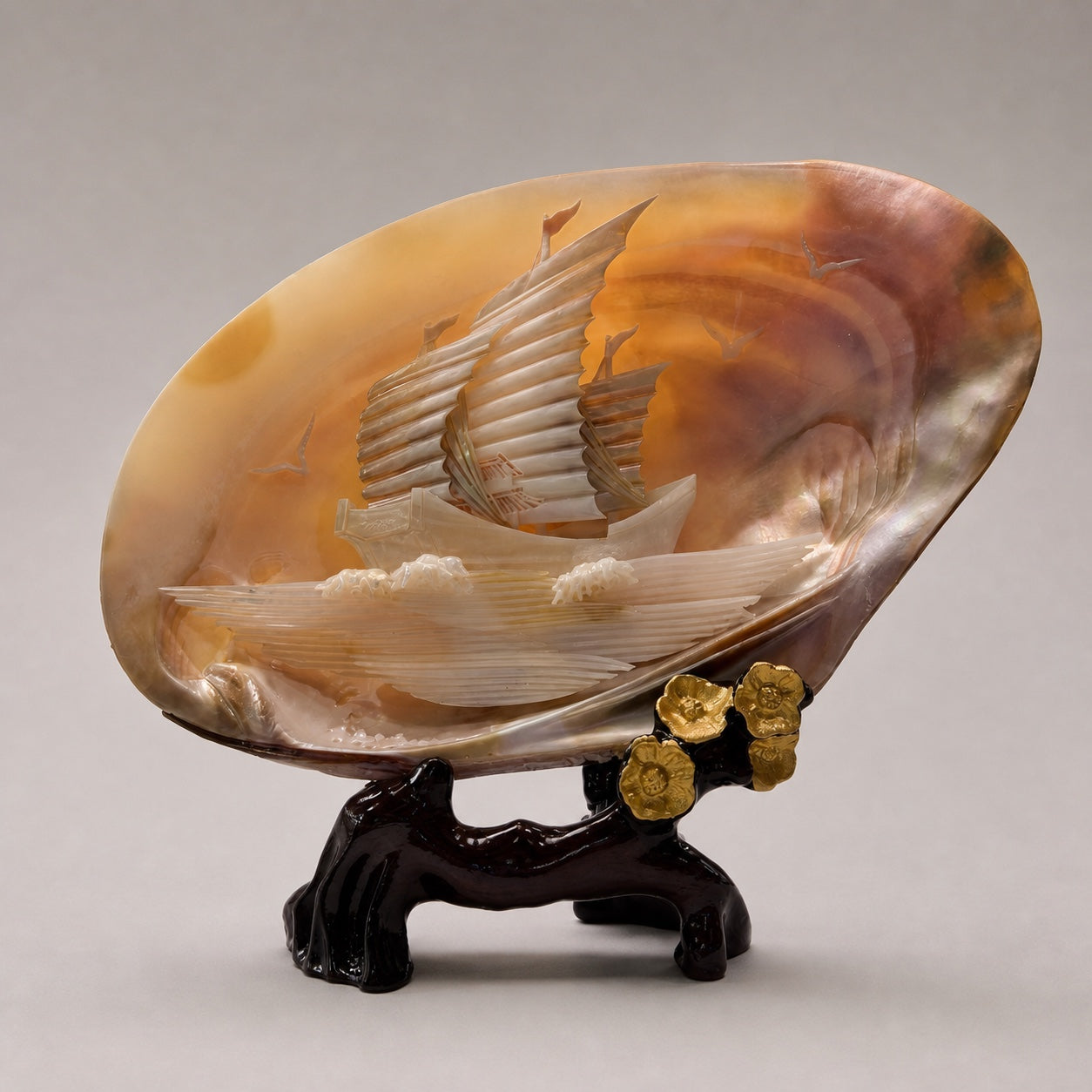 Sailboat shell carving, front view