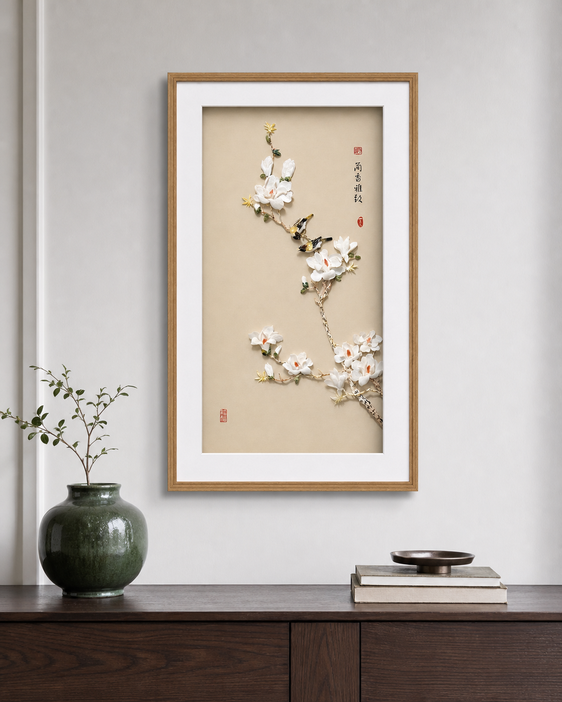 Illustrative placement scene for Magnolia and Two Birds Shell-Inlay Picture