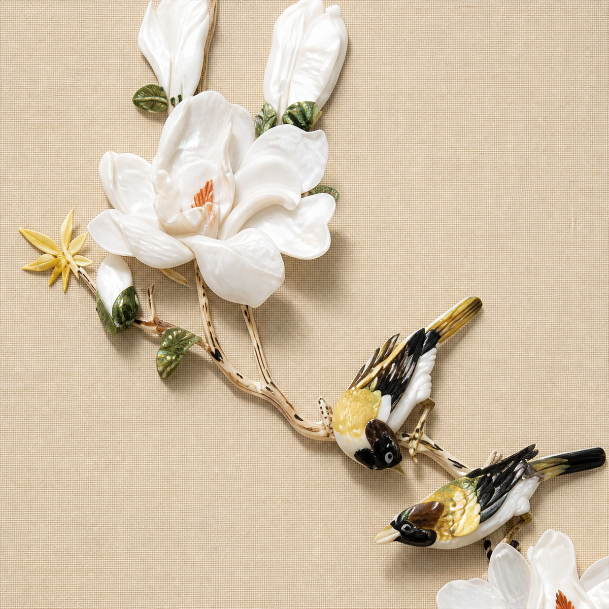 No-glare close-up of the two birds and magnolia shell-inlay details