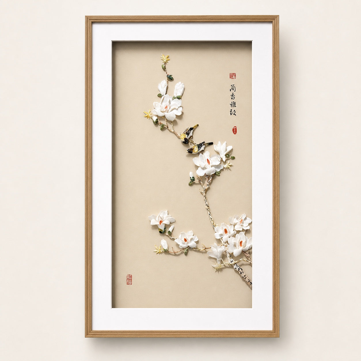 Magnolia and two birds shell-inlay artwork in a wood frame