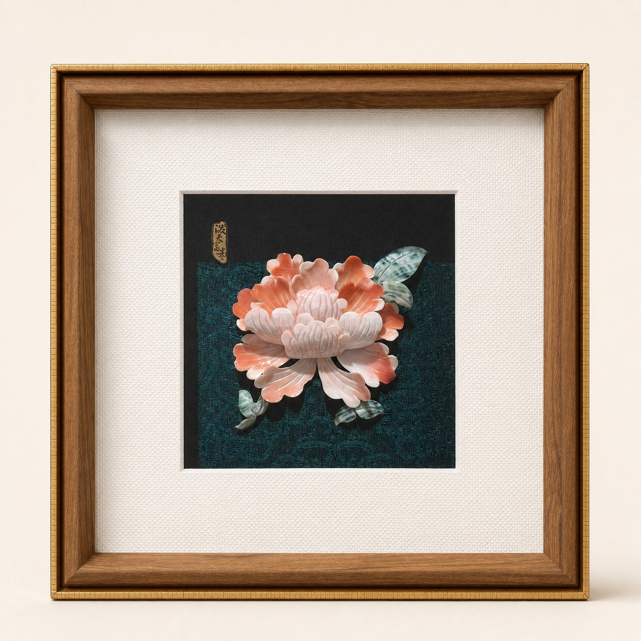 Pink floral shell-inlay picture in a wood frame
