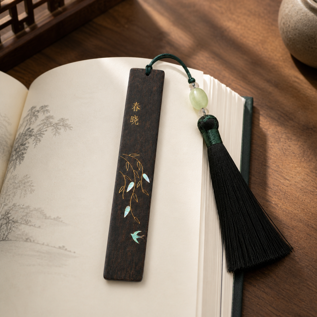 Illustrative reading scene with the Spring Dawn bookmark